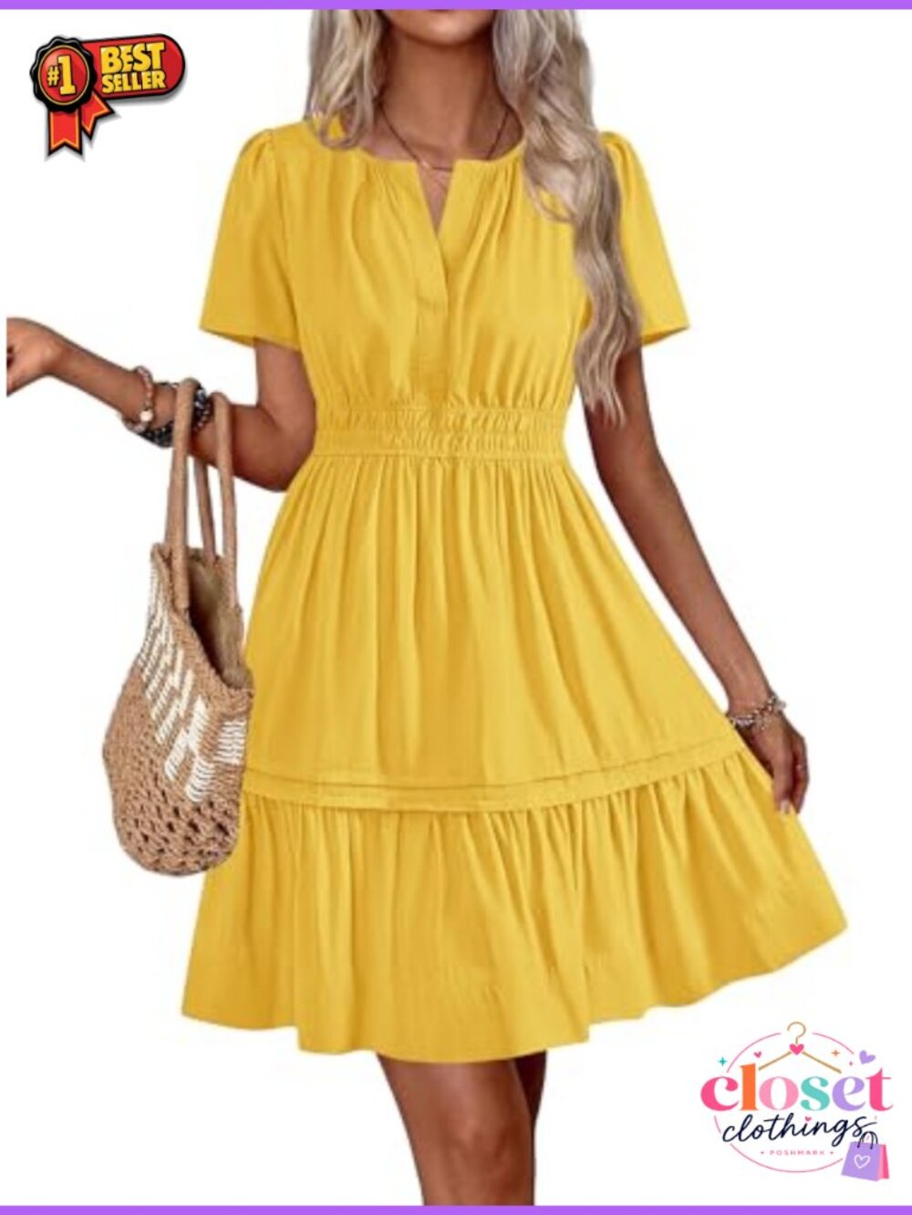 Women's Summer Mini Dress V Neck Short Sleeve Tiered Flowy A-Line